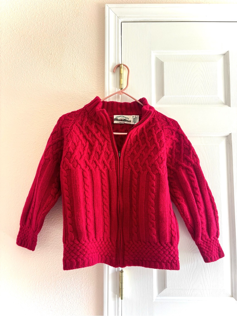 Aran Crafts Red Cable Knit Merino Wool Full Zip Sweater Heavyweight Womens M